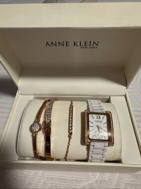 Anne Klein White Ceramic and Rose Gold Tone Watch with Bracelet Trio